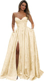 Strapless Prom Dress Jacquard Satin Ball Gown Pleated A Line Long Corset Formal Evening Dresses with Slit Pockets