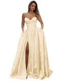 Strapless Prom Dress Jacquard Satin Ball Gown Pleated A Line Long Corset Formal Evening Dresses with Slit Pockets