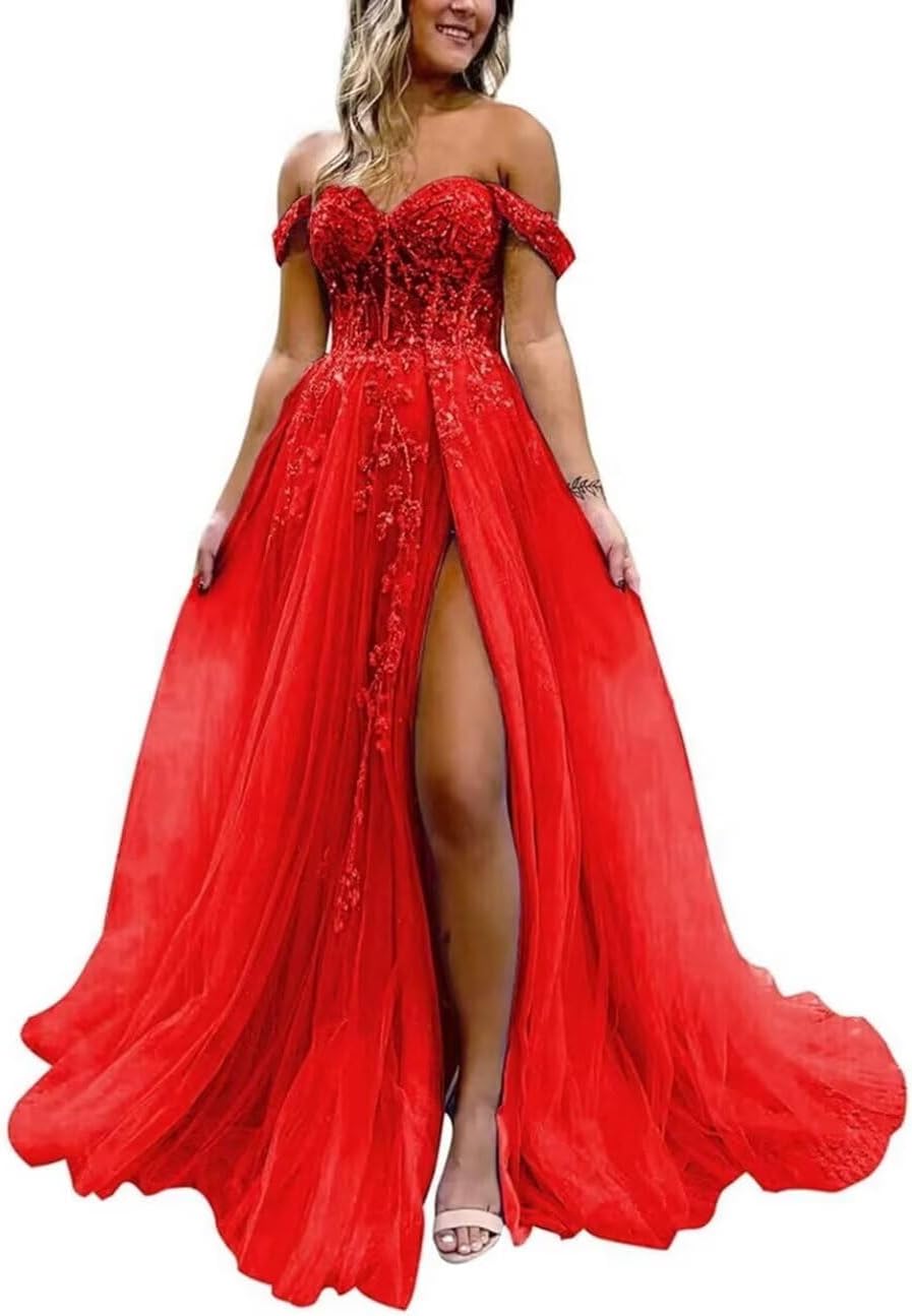 Off The Shoulder Tulle Prom Dress with Laces Applique A-line Slit Long Ball Gowns Glitter Formal Evening Dress