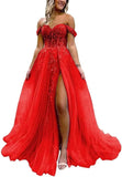 Off The Shoulder Tulle Prom Dress with Laces Applique A-line Slit Long Ball Gowns Glitter Formal Evening Dress
