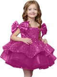 Sparkly Sequin Puffy Flower Dresses Short Girls A Line Princess Bow Knot Birthday Party Dress