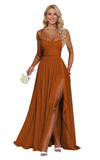 Ruffle Chiffon Bridesmaid Dress Long Square Neck Pleated Formal Gowns with Slit for Women Plus Size Spaghetti Straps Ruffles