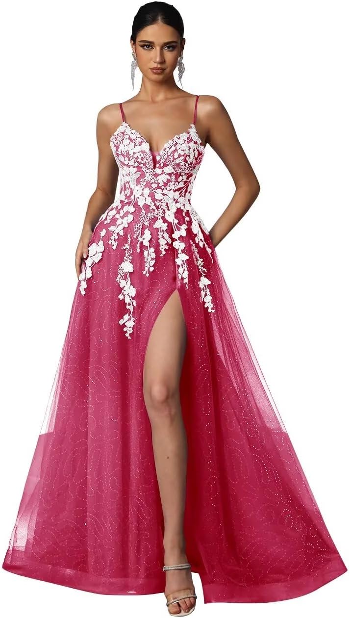 Tulle Prom Dresses 2027 Puffy Ball Gown for Women Formal V Neck Lace Appliques Evening Gown with Slit Long Homecoming Dress