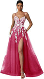 Tulle Prom Dresses 2027 Puffy Ball Gown for Women Formal V Neck Lace Appliques Evening Gown with Slit Long Homecoming Dress