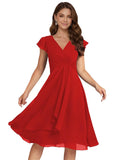 Short Chiffon Bridesmaid Dresses for Women V Neck Flutter Sleeves Ruffle Formal Cocktail Gowns with Pockets