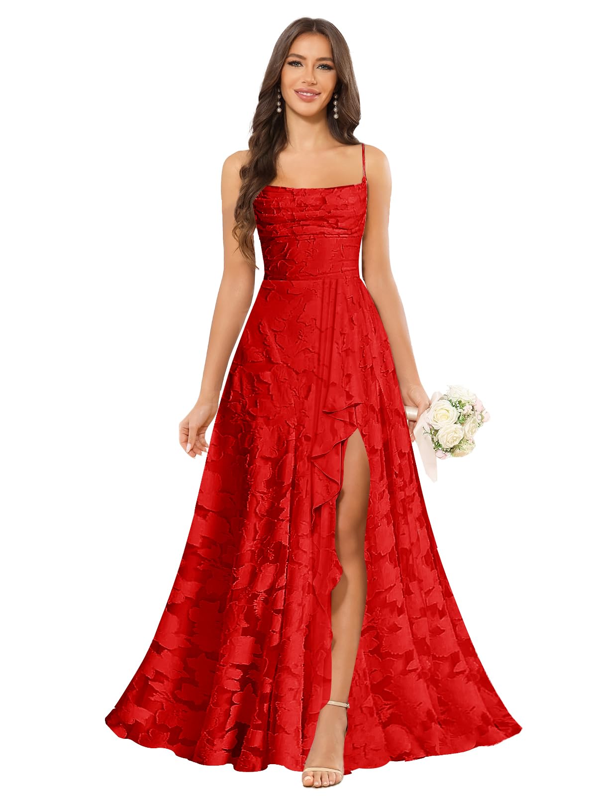 Women’s Ruffled Bridesmaid Dresses Scoop Neck Floral Chiffon Formal Dress Wrap Pleated Wedding Guest Dress