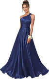 One Shoulder Bridesmaid Dresses for Women Satin Pleated A Line Long Formal Prom Dress with Pockets