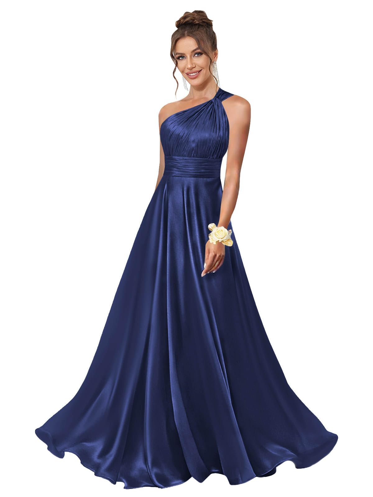 One Shoulder Bridesmaid Dresses for Women Satin Pleated A Line Long Formal Prom Dress with Pockets