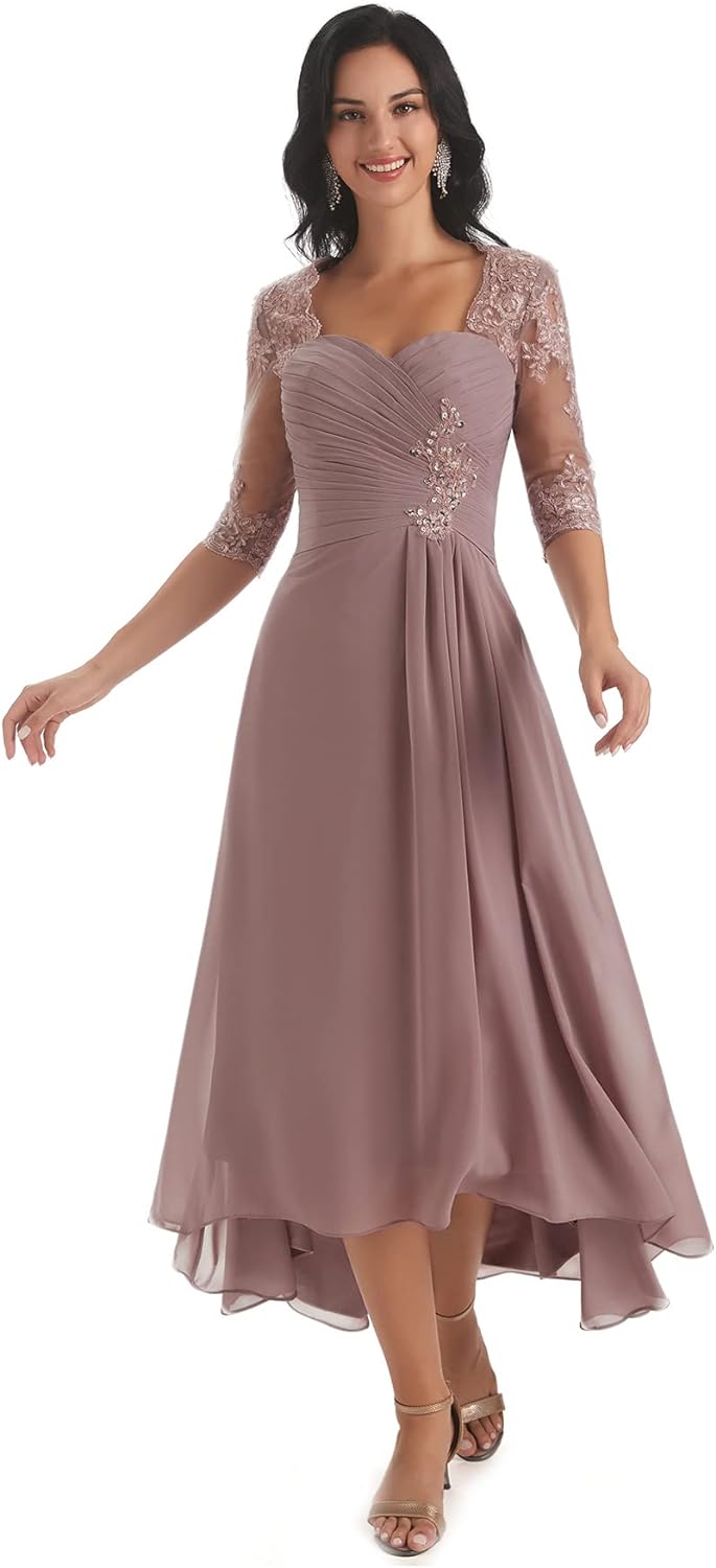 Women's Tea Length Mother of The Bride Dresses for Wedding Short Sleeves Lace Applique Formal Evening Prom Gowns