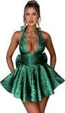Satin Halter Homecoming Dresses for Teens 2027 V Neck Jacquard A-line Short Prom Cocktail Gowns with Bow