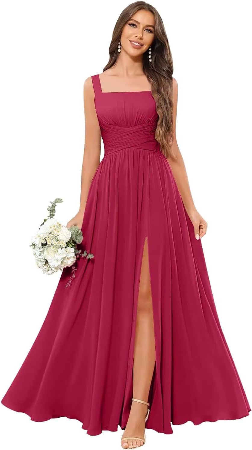 Kingbridal Chiffon A-line Bridesmaid Dresses for Women 2027 Long Square Neck Pleated Formal Evening Party Dress with Slit