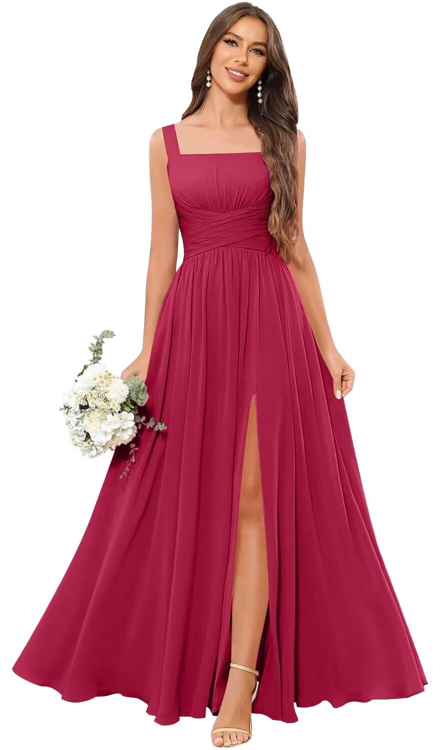 Kingbridal Chiffon A-line Bridesmaid Dresses for Women 2027 Long Square Neck Pleated Formal Evening Party Dress with Slit