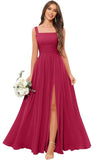 Kingbridal Chiffon A-line Bridesmaid Dresses for Women 2027 Long Square Neck Pleated Formal Evening Party Dress with Slit