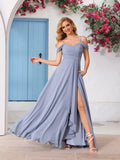 Damen Schulterfreies Brautjungfernkleid Lang mit Schlitz Chiffon Rüschen Falten Formales Partykleid 