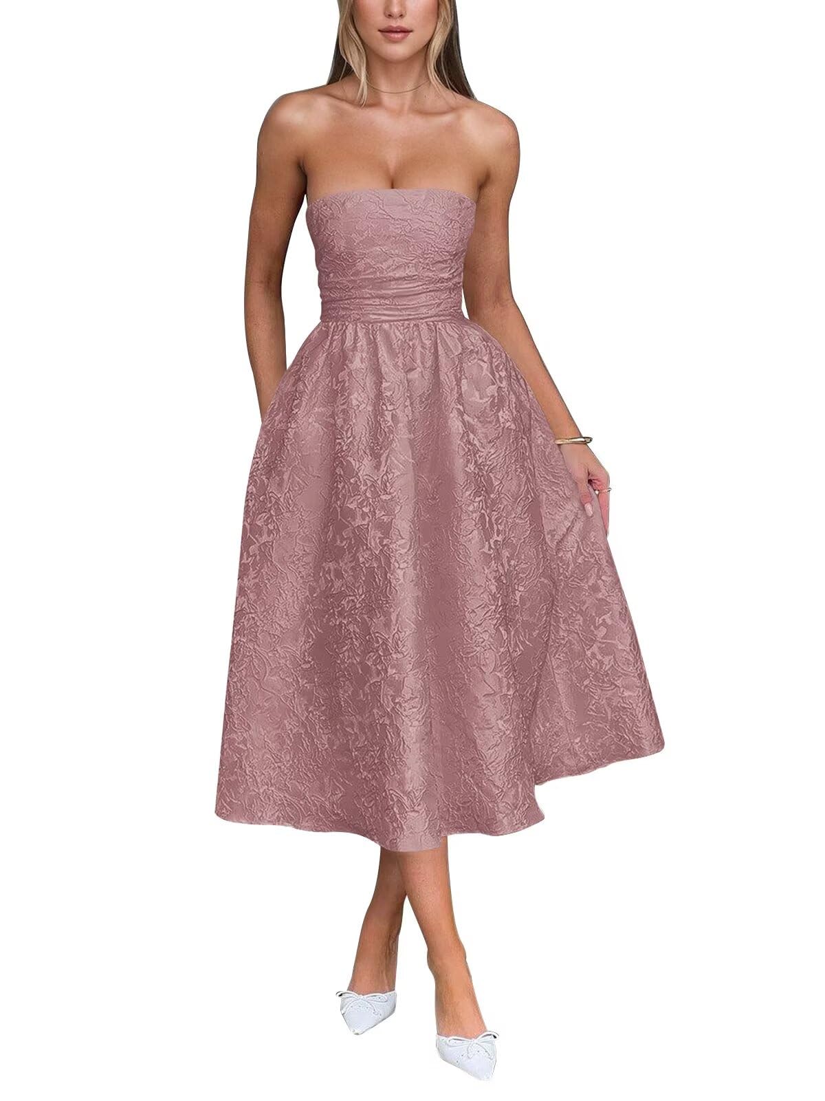 Satin Floral Jacquard Prom Dress for Women Strapless Corset Tea Length Formal Cocktail Evening Gowns