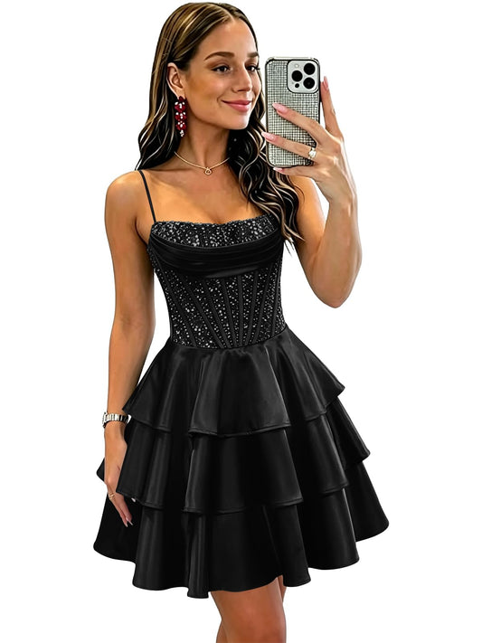 Sequin Tiered Satin A Line Homecoming Dresses for Teens Pleated Sweetheart Neck A Line Homecoming Dresses for Teens Short Corset Lace-up Back Mini HOCO Dress for Women