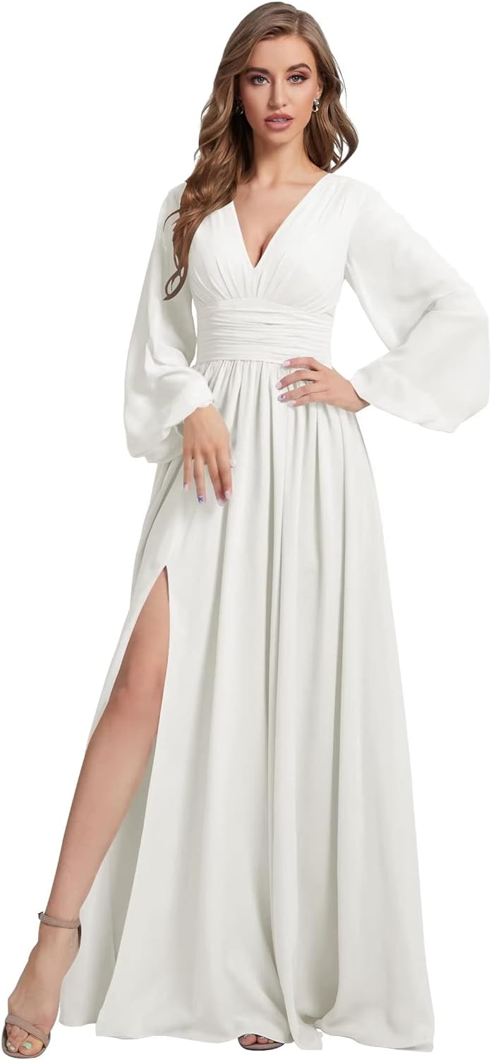 Womens V-Neck Long Sleeve Bridesmaid Dresses with Slit 2024 Ruched A-line Chiffon Prom Formal Dresses