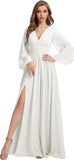 Womens V-Neck Long Sleeve Bridesmaid Dresses with Slit 2024 Ruched A-line Chiffon Prom Formal Dresses