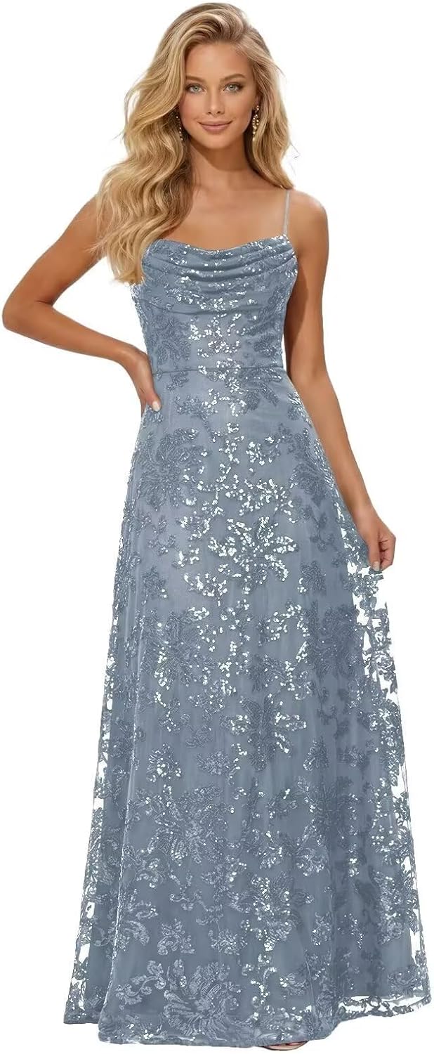 Lace Sequin Prom Dresses Spaghetti Straps A-Line Cowl Neck Pleated Sparkly Long Formal Evening Party Gowns