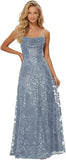 Lace Sequin Prom Dresses Spaghetti Straps A-Line Cowl Neck Pleated Sparkly Long Formal Evening Party Gowns