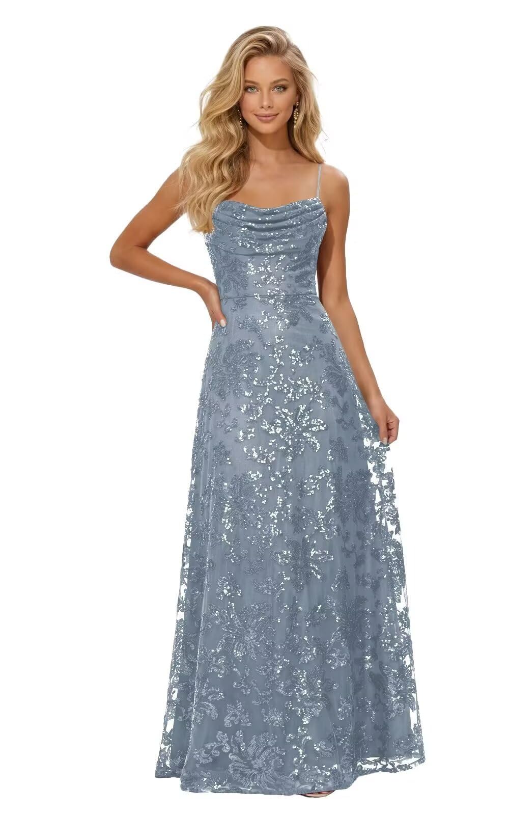 Lace Sequin Prom Dresses Spaghetti Straps A-Line Cowl Neck Pleated Sparkly Long Formal Evening Party Gowns