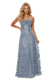 Lace Sequin Prom Dresses Spaghetti Straps A-Line Cowl Neck Pleated Sparkly Long Formal Evening Party Gowns