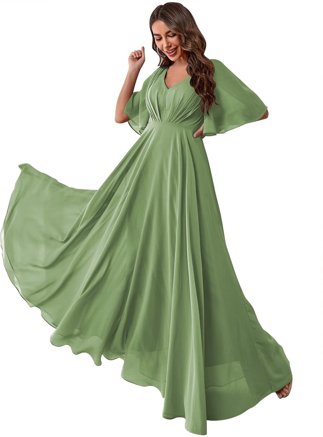 Women's Batwing Sleeve Chiffon Bridesmaid Dresses with Pockets V Neck Long Formal Evening Dress