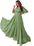 Women's Batwing Sleeve Chiffon Bridesmaid Dresses with Pockets V Neck Long Formal Evening Dress