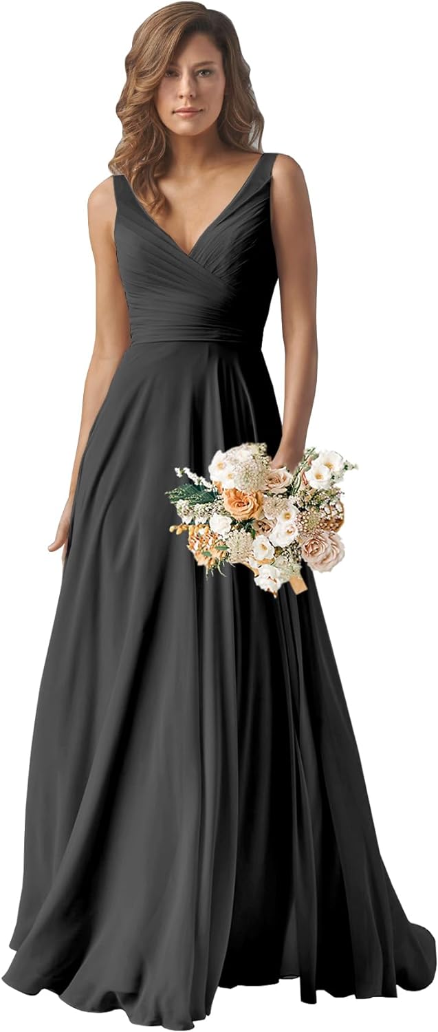 Chiffon Bridesmaid Dresses Long for Women A Line Ruched Formal Porm Evening Gowns