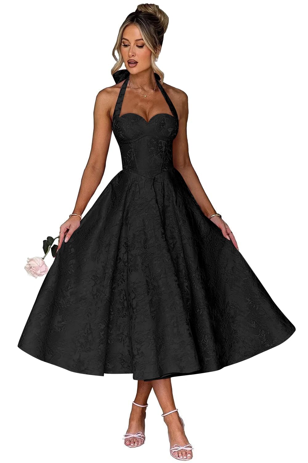 Jacquard Satin Prom Dresses for Women Vintage A-Line Midi Halter Sweetheart Formal Evening Party Gowns with Pockets