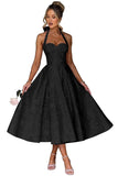 Jacquard Satin Prom Dresses for Women Vintage A-Line Midi Halter Sweetheart Formal Evening Party Gowns with Pockets