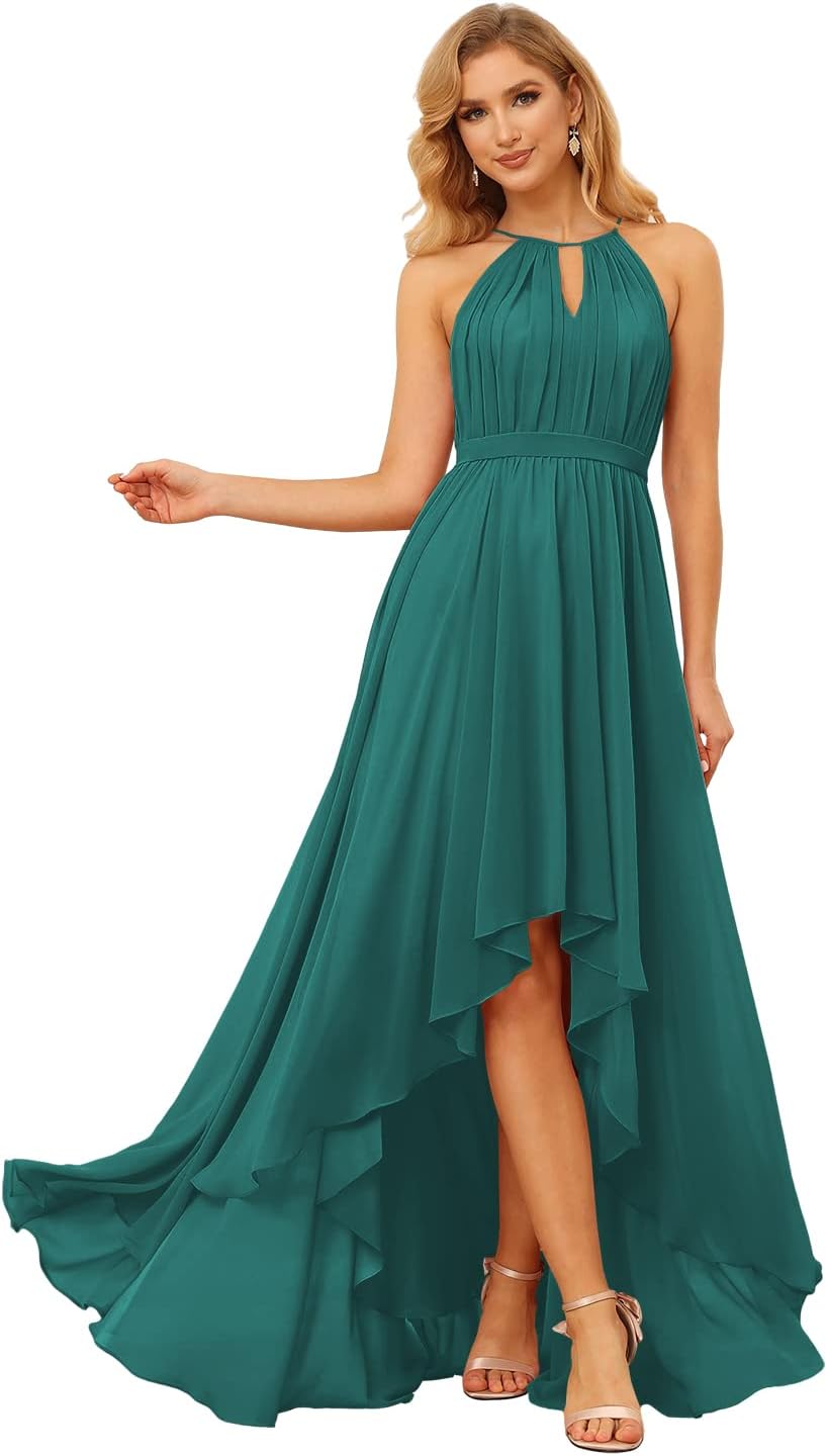 Damen Neckholder Brautjungfernkleider Lang mit Taschen High-Low Falten Formelles Kleid für Hochzeit 