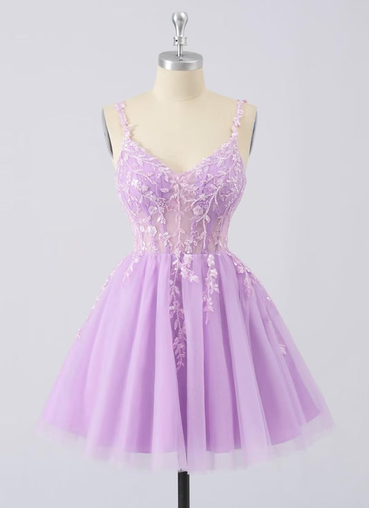 Tulle Lace Applique Homecoming Dresses for Teens Beaded Spaghetti Straps Mini Cocktail Party Prom Formal Dress