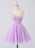 Tulle Lace Applique Homecoming Dresses for Teens Beaded Spaghetti Straps Mini Cocktail Party Prom Formal Dress