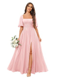 Square Neck Bridesmaid Dresses with Slit Pockets Flutter Sleeve Long Chiffon Formal Wedding Guest Dress