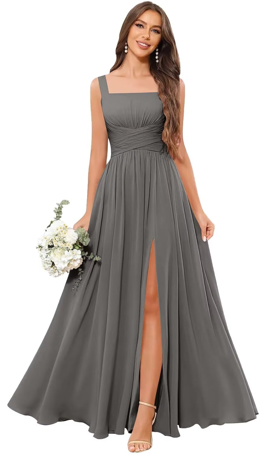 Kingbridal Chiffon A-line Bridesmaid Dresses for Women 2027 Long Square Neck Pleated Formal Evening Party Dress with Slit