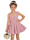 Sparkly Sequin Teen Flower Girl Dresses for Wedding Short Spaghetti Straps Cute Birthday Party Dress with Bow
