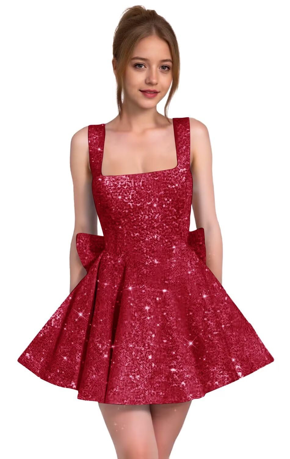 Sparkly Sequin Homecoming Dresses for Teens Short Prom Dress Square Neck Bow Formal Cocktail Gowns with Pockets