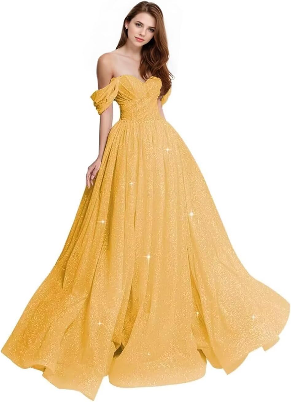 Sparkly Tulle Prom Dress 2026 Off The Shoulder Formal Dresses for Women Glitter A Line Long Ball Gown