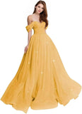 Sparkly Tulle Prom Dress 2026 Off The Shoulder Formal Dresses for Women Glitter A Line Long Ball Gown