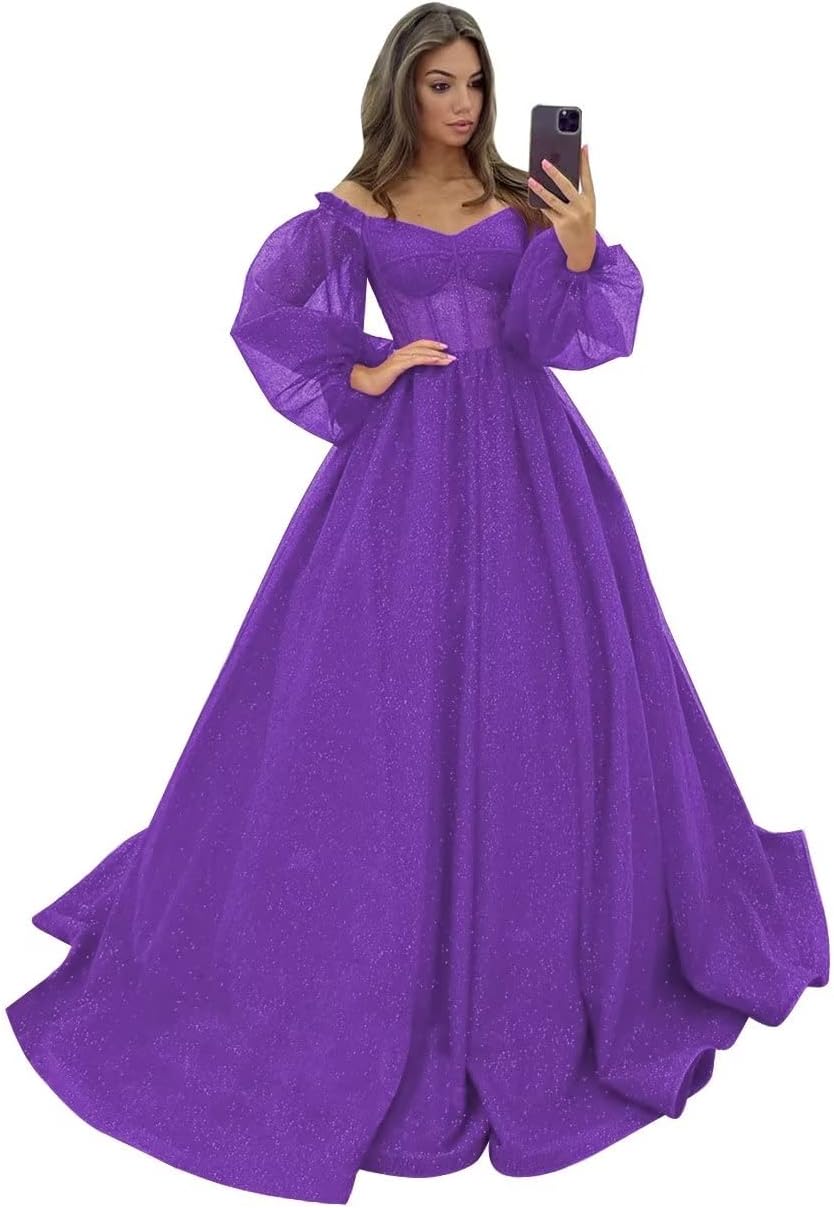 Puffy Sleeve Glitter Prom Dresses Women's Ball Gown Off Shoulder Formal Evening Gown Princess Quinceanera Dress