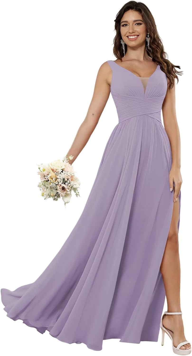 Vestidos de dama de honor sencillos de gasa para mujer con bolsillos, vestidos formales largos con escote en V y abertura 