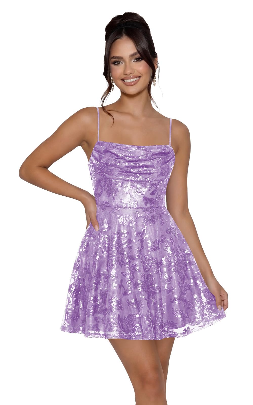 Sequin Prom Dresses 2026 for Teens Spaghetti Straps Cowl Neck Short Cocktail Party Dress