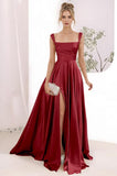 Spaghetti Straps Satin Bridesmaid Dresses for Women Long A-Line Square Neck Formal Evening Party Gown with Slit