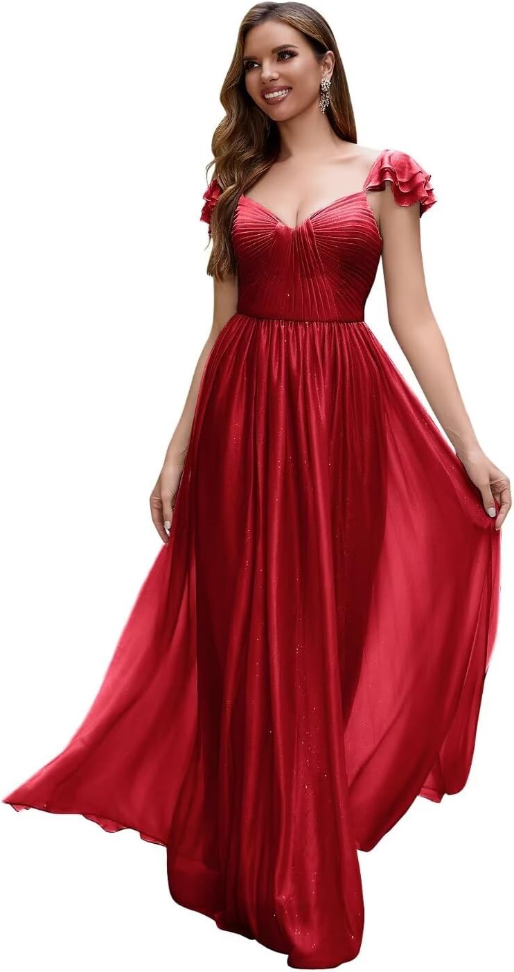 Cap Sleeve Bridesmaid Dresses for Women Long V Neck Ruffled Split Glittery Long Formal Evening Dress with Pocket