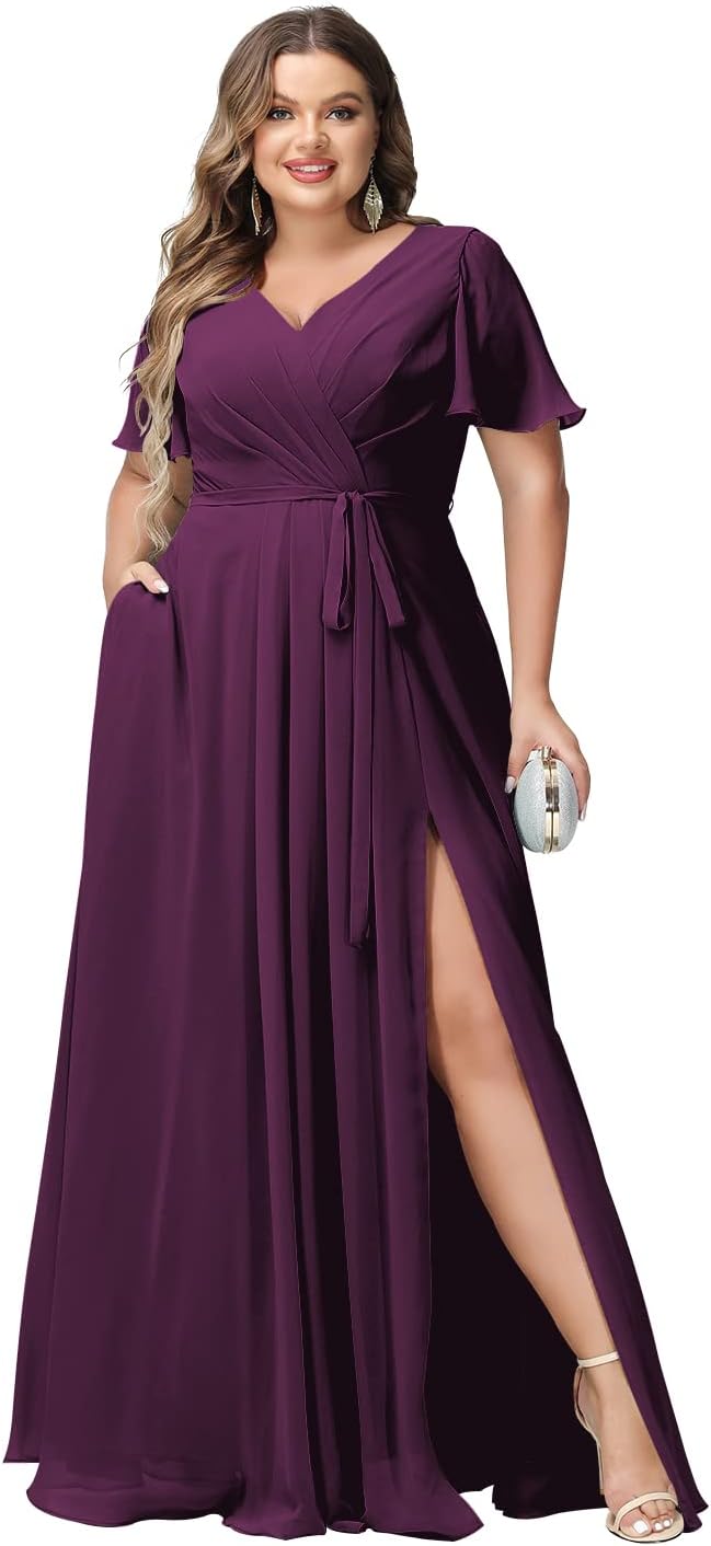 Plus Size Bridesmaid Dresses with Pockets V Neck Chiffon Flutter Sleeves Formal Evening Gowns with Slit