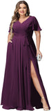 Plus Size Bridesmaid Dresses with Pockets V Neck Chiffon Flutter Sleeves Formal Evening Gowns with Slit