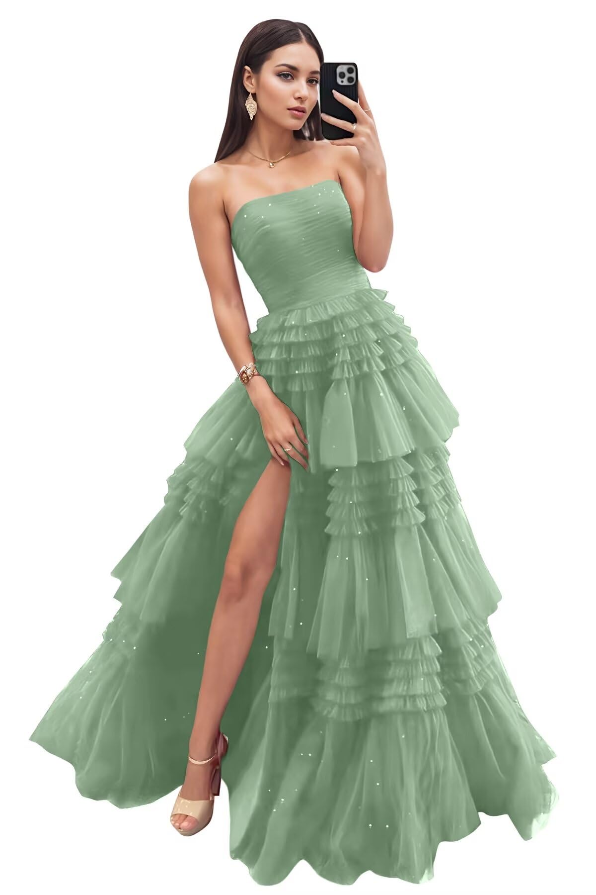 Strapless Tiered Tulle Prom Dresses for Women 2027 Long Sparkly A-Line Formal Evening Party Ball Gowns with Slit