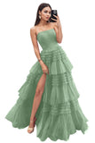 Strapless Tiered Tulle Prom Dresses for Women 2027 Long Sparkly A-Line Formal Evening Party Ball Gowns with Slit