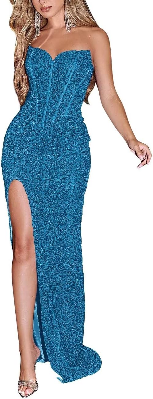 Sparkly Sequin Prom Dresses for Women 2025 Long Mermaid Strapless Glitter Formal Evening Prom Ball Gown with Slit